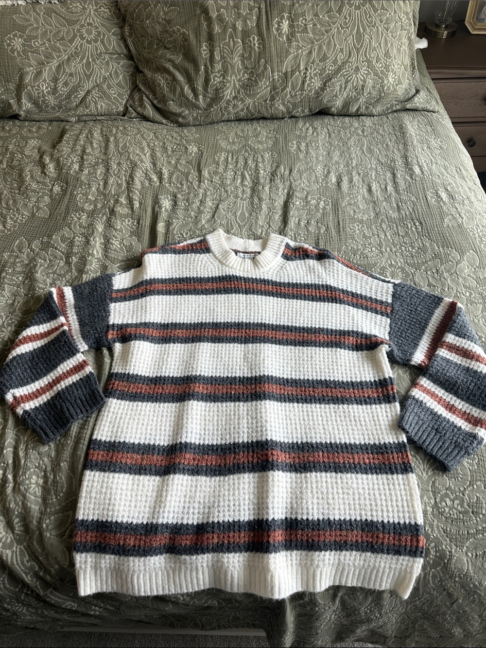 American Eagle Outfitters White Crewneck Sweater with Gray & Brown Stripes